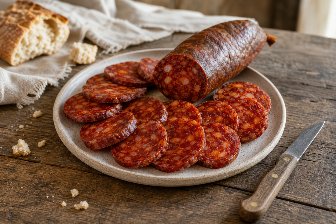 Chorizo artesano de Segovia cortado en rodajas sobre mesa de madera para guía de compra