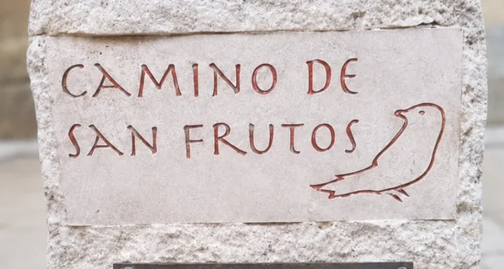 Mojón de piedra con la señal del Camino de San Frutos en Segovia