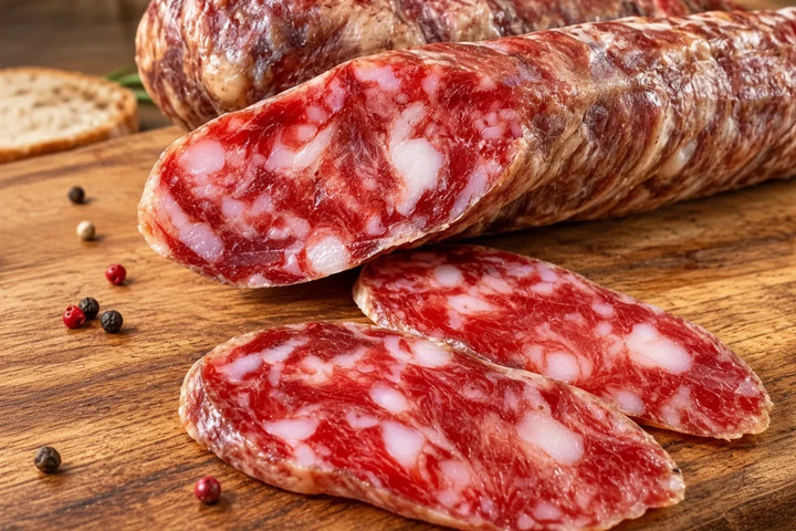 Salchichón de La Matillana en pieza y lonchas sobre una tabla de madera