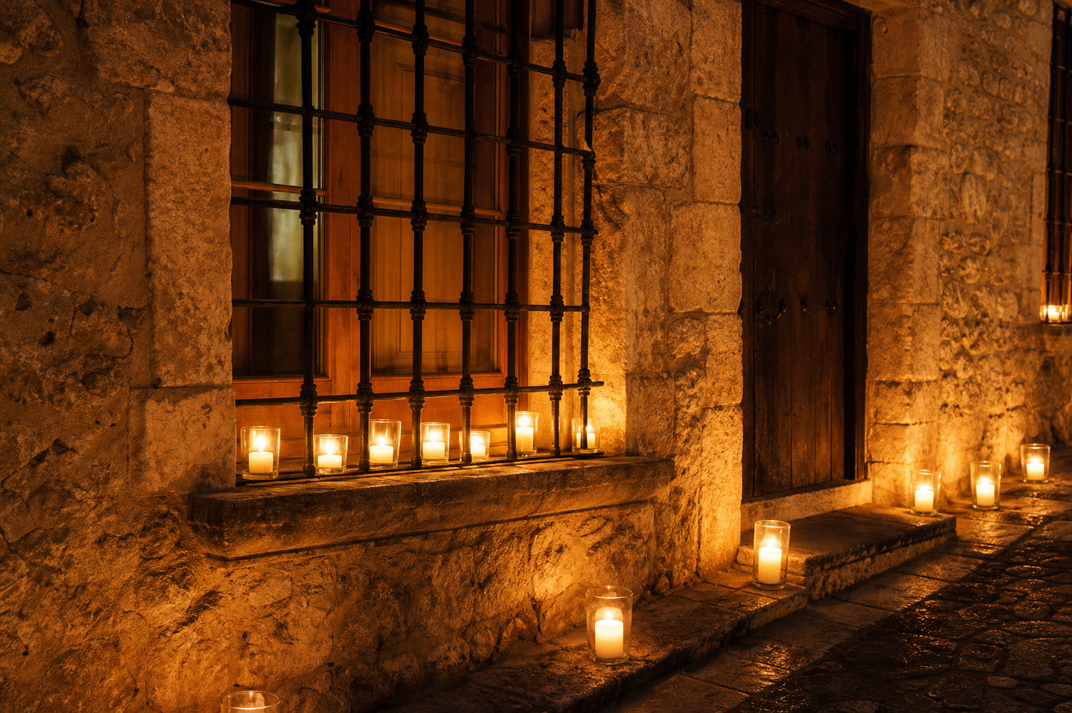 Fachada de piedra caliza estilo Pedraza con rejas de metal iluminada con velas