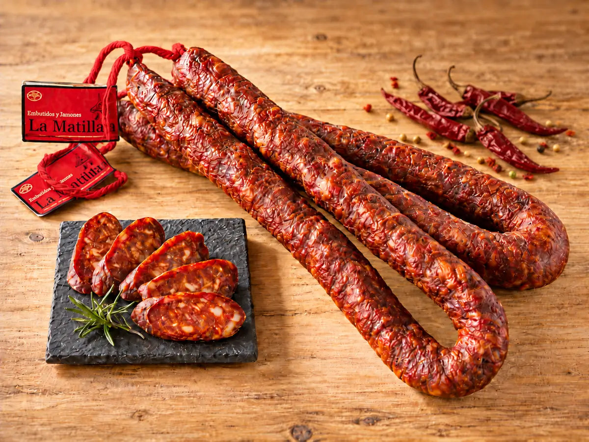 Chorizo picante artesanal de Embutidos La Matillana, elaborado en Segovia, presentado en herradura y loncheado, con cayenas secas sobre fondo rústico de madera.