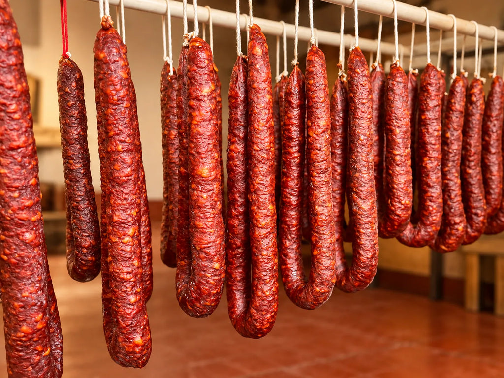 Chorizos artesanos de La Matillana colgados durante su curación.