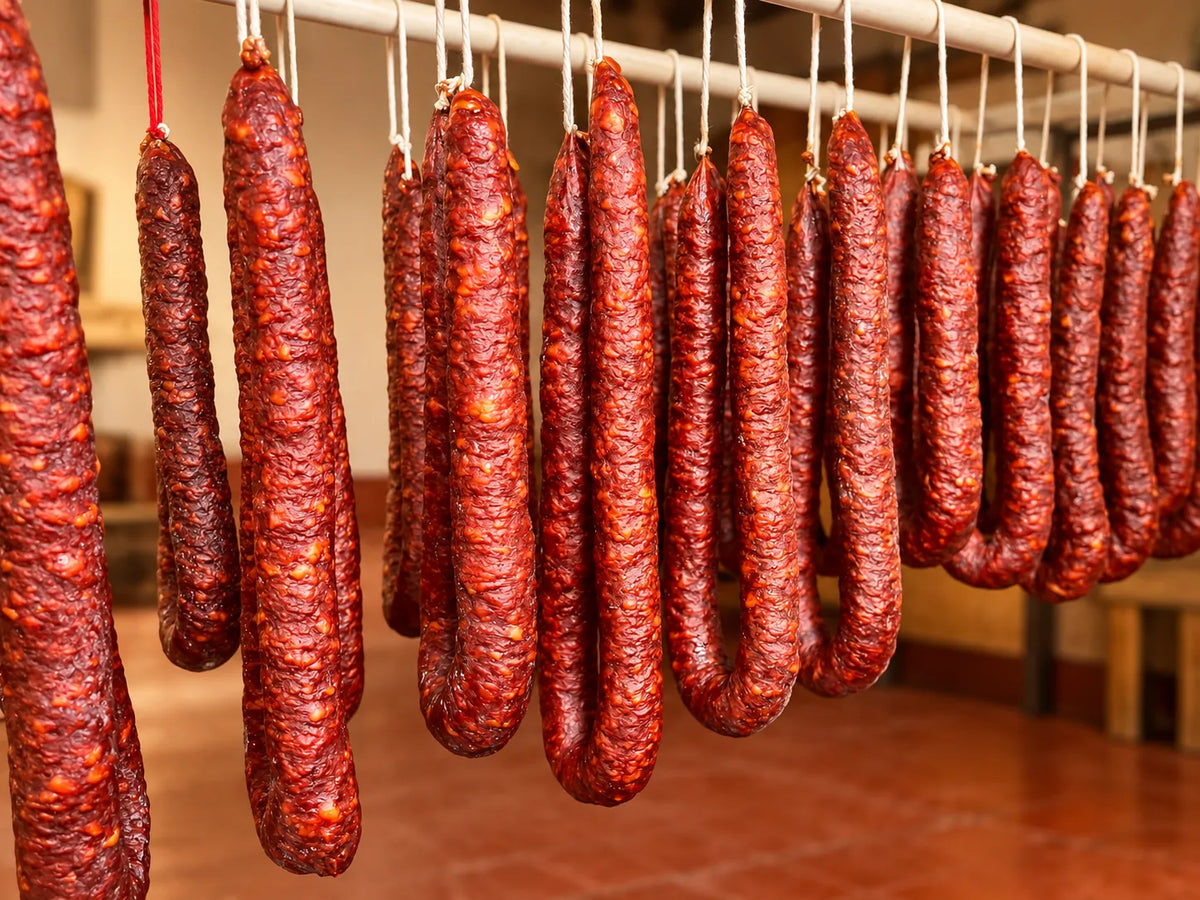 Chorizos artesanos de La Matillana colgados durante su curación.