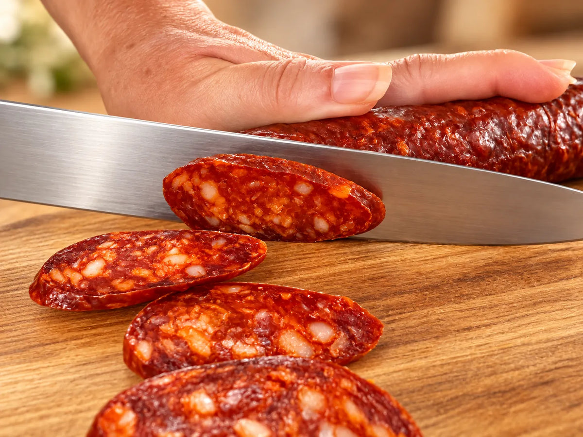 Corte de chorizo artesano de La Matillana en tabla de madera por artesano