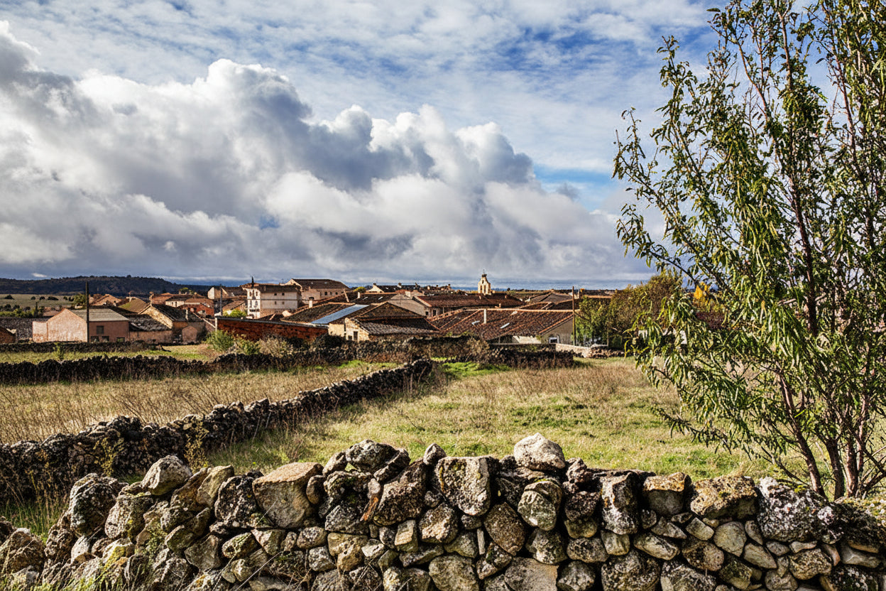 Vista del pueblo de La Matilla en Segovia con valla de piedra y paisaje rural tradicional bajo un cielo de nubes