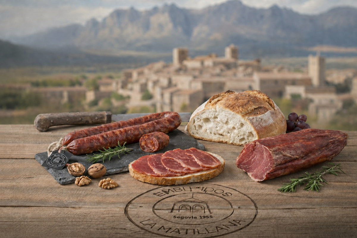 Bodegón de pan, chorizo y lomo con un pueblo y la sierra al fondo