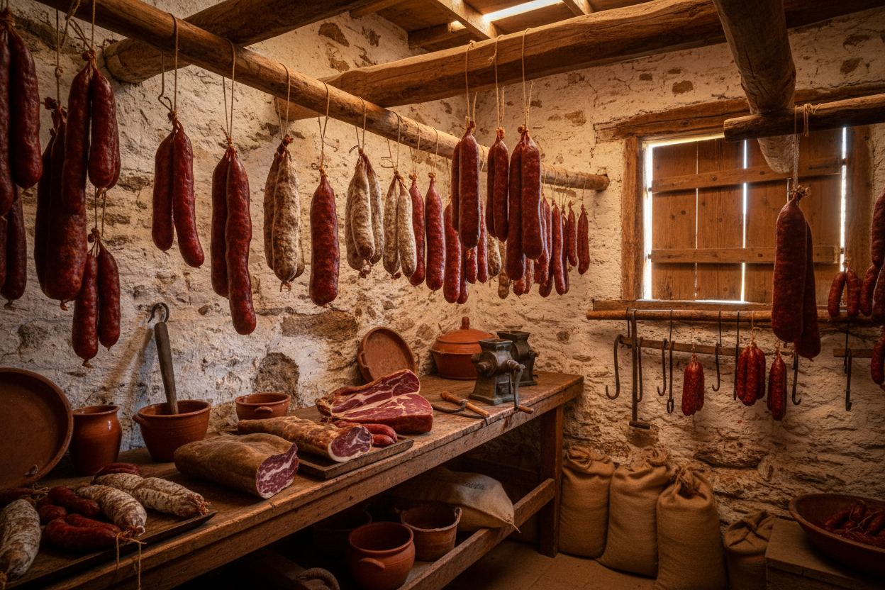 Secadero tradicional de embutidos en La Matilla (Segovia): chorizos y salchichones colgados en vigas de madera, con mesa de trabajo y piezas en curación.